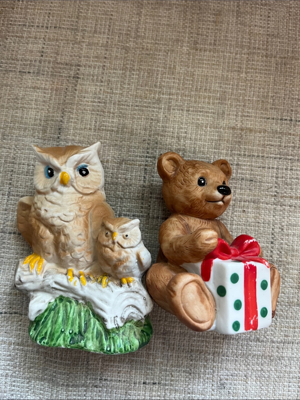 Ceramic Owl Figurine and Bear with Gift - Vintage Mid-Century Air-brushed